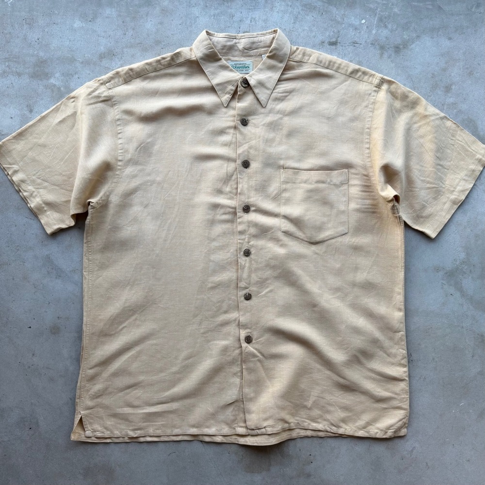Vintage St Johns Bay Mens Tan Linen Cotton Short Sleeve Button Down Shirt Large